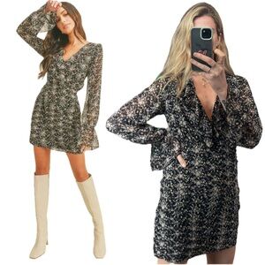 Floret Studios Floral Boho Ruched Ruffle Long Bell Sleeve V Neck Mini Dress